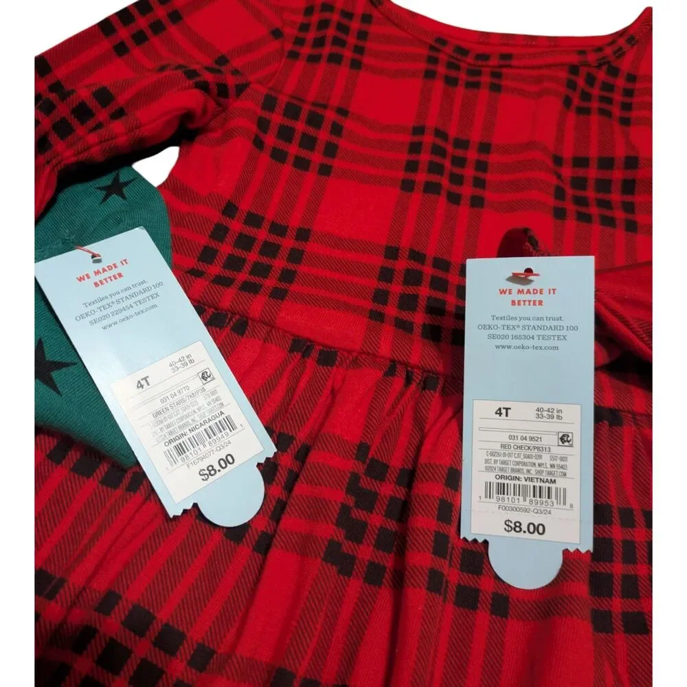 Cat & Jack Toddler Girls Dress Bundle Size 4T Red Plaid & Teal Star Long Sleeve
